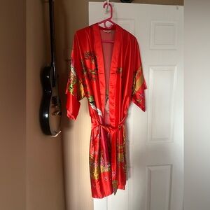 Red Satin Floral Kimono Robe with Waist Tie